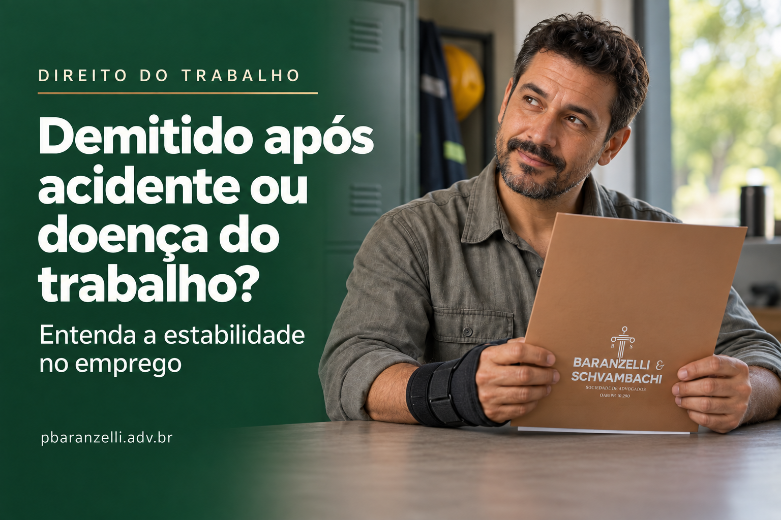 Trabalhador segura pasta bronze. Demitido após acidente ou doença do trabalho? Entenda a estabilidade no emprego.