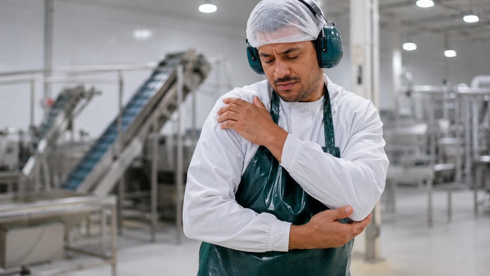 Trabalhador com desconforto no ombro durante atividade em ambiente industrial