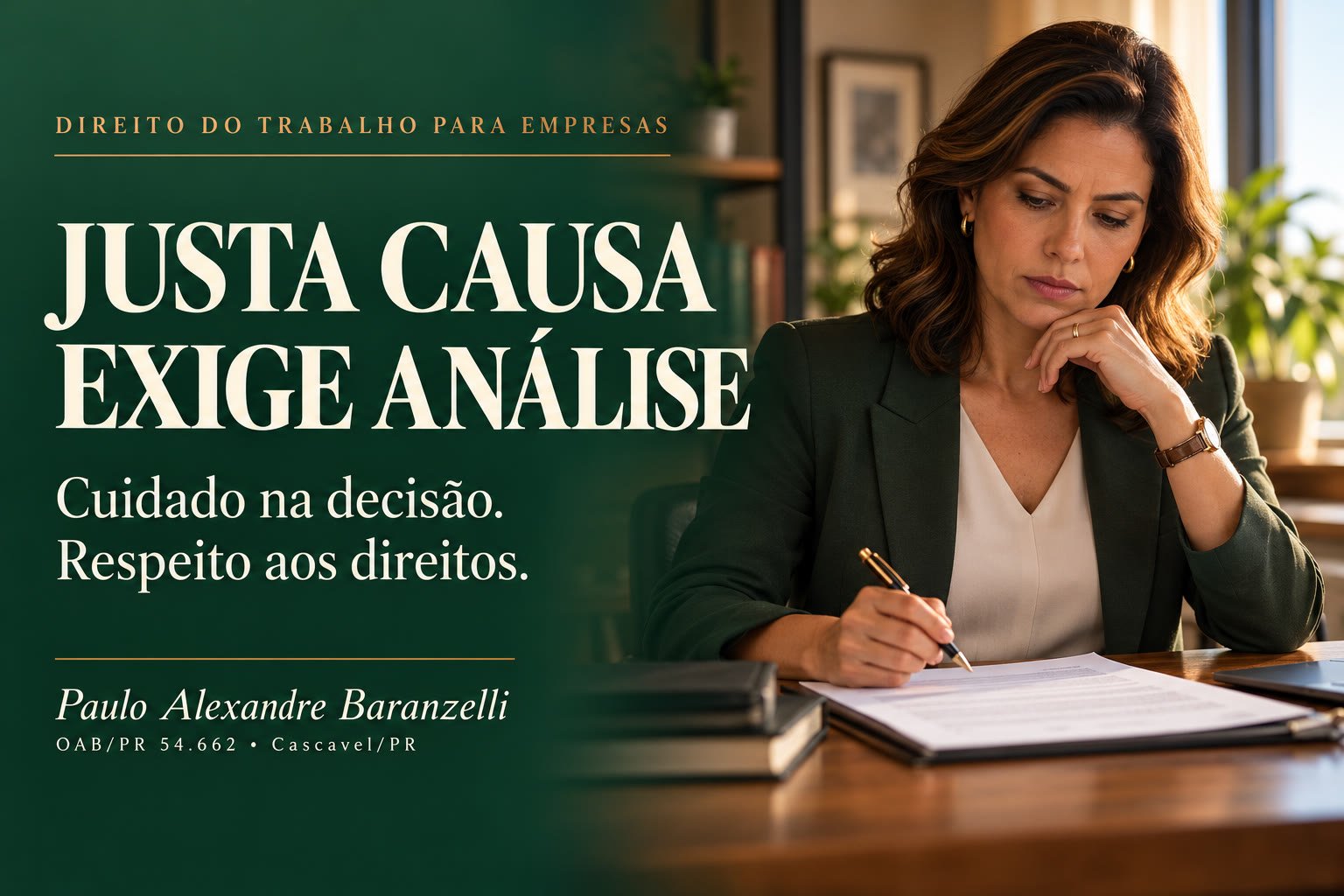 Justa causa exige análise. Gestora analisa documentos, com a mensagem cuidado na decisão e respeito aos direitos.