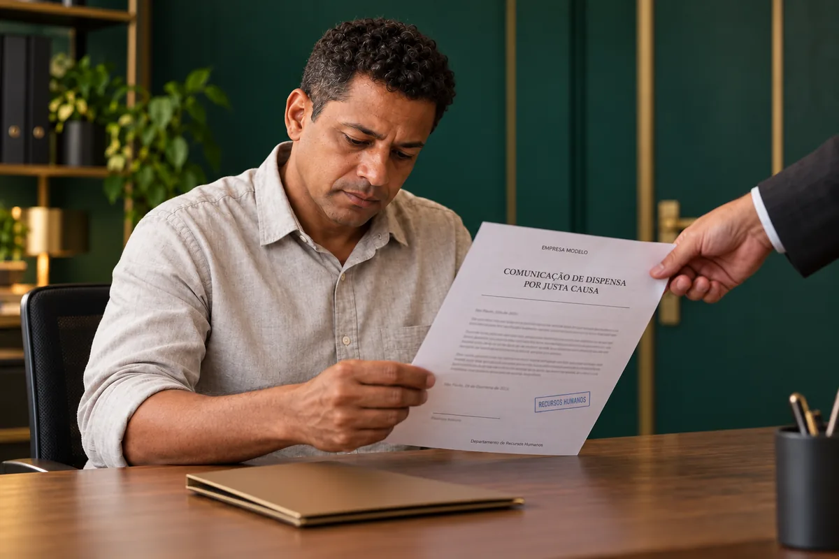 Trabalhador com expressão triste recebe um comunicado formal de dispensa por justa causa, com carimbo genérico de RH, diante de uma pasta bronze em ambiente verde profundo.