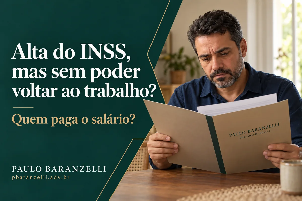 Imagem ilustrativa de trabalhador lendo documentos em uma pasta de Paulo Baranzelli, com a pergunta sobre quem paga o salário após a alta do INSS.